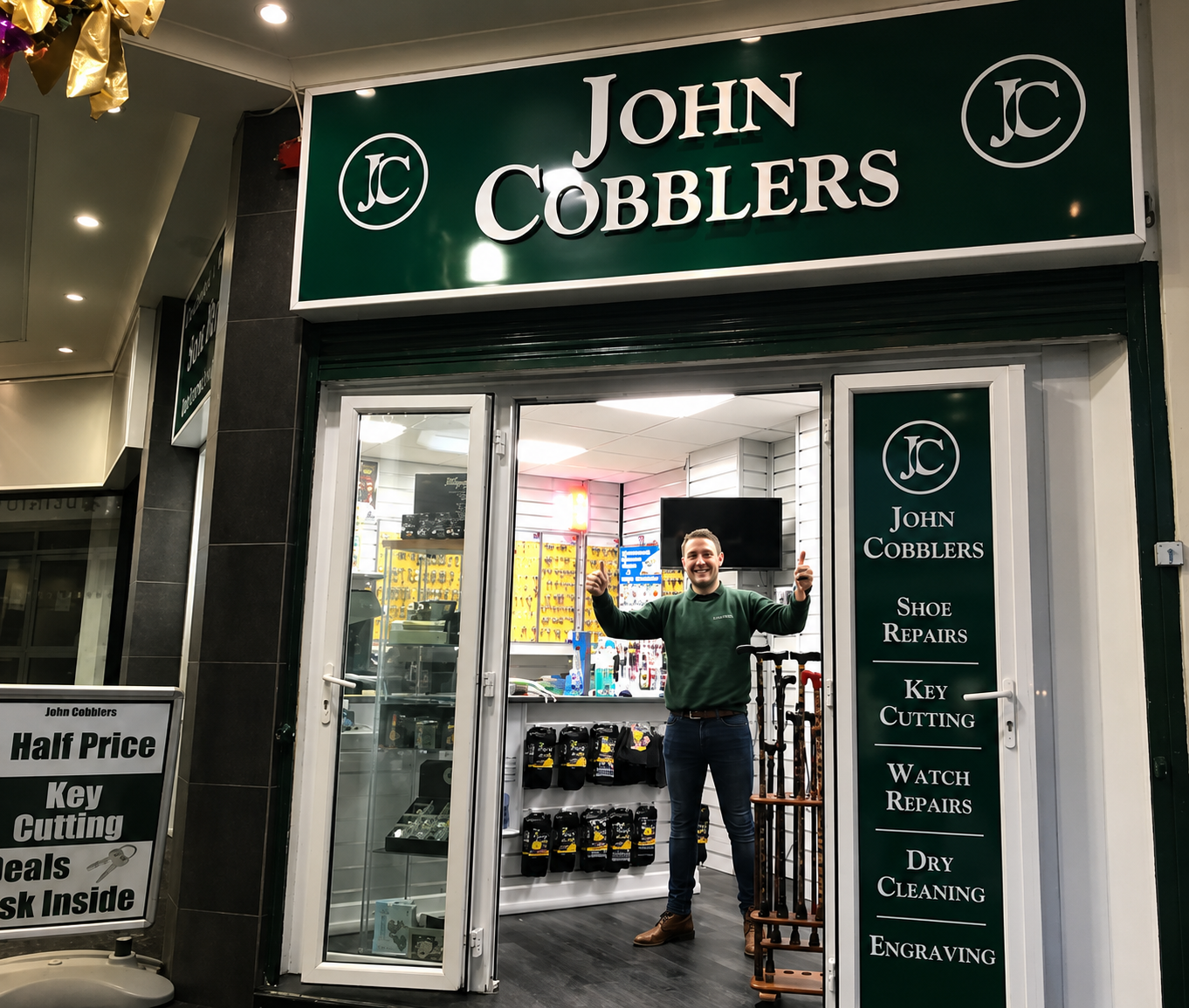 John Cobblers shoe repair shop in Bangor, North Wales, specialising in hiking boot repairs, shoe repairs, trainer restoration and key cutting.